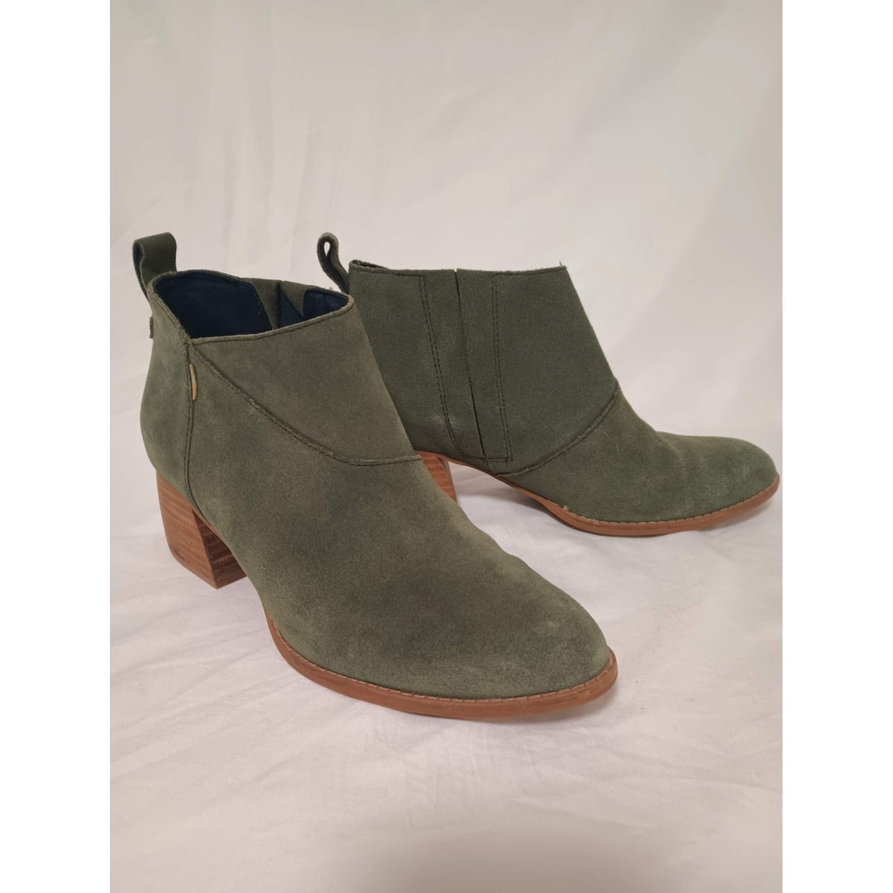 TOMS Leilani Dusty Olive Suede Ankle Boots Block Heel Womens 7.5